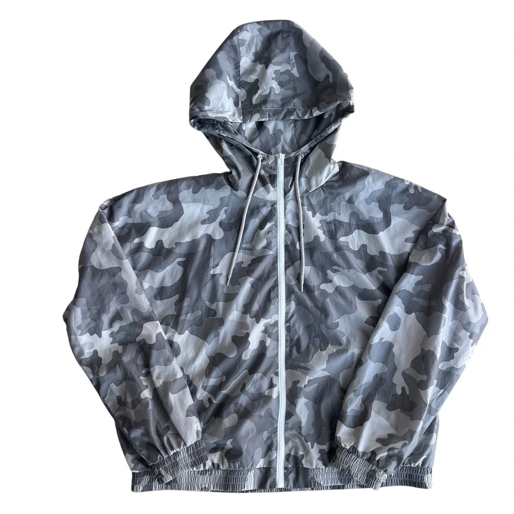 Pink Republic Womens XL Grey Camo Full Zip Hooded Lightweight Windbreaker Jacket